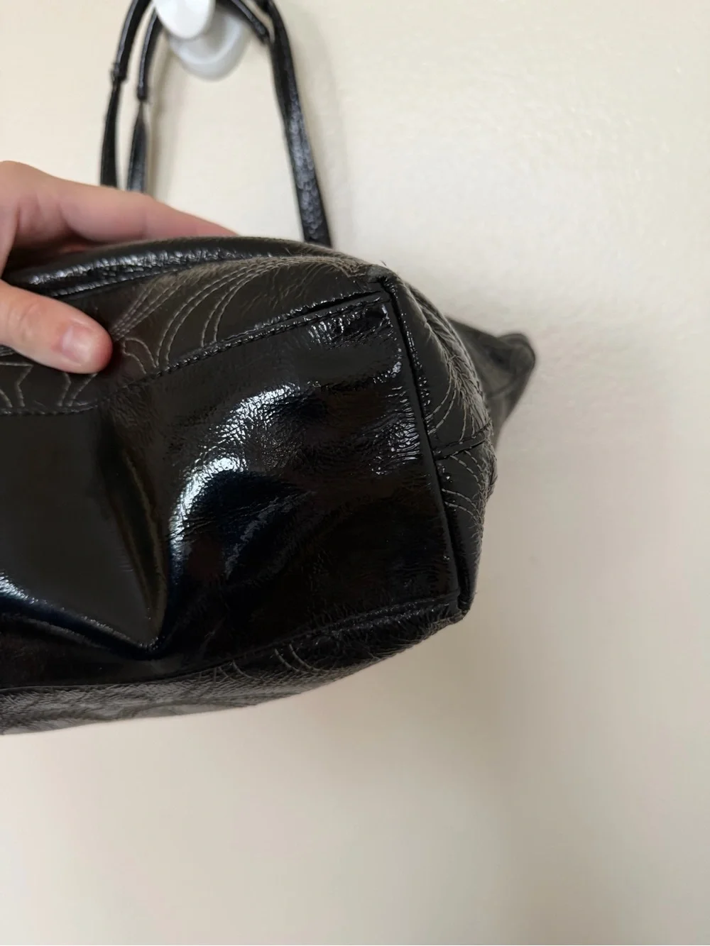 COACH F19198 Signature Sis Stitch Black Patent Leather Medium Tote Shoulder Bag